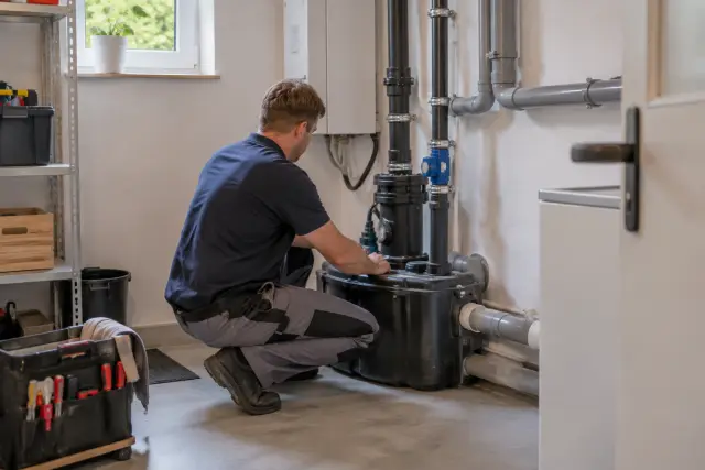 Fachkraft kontrolliert eine Abwasserhebeanlage mit Rohranschlüssen in einem aufgeräumten Hauskeller.